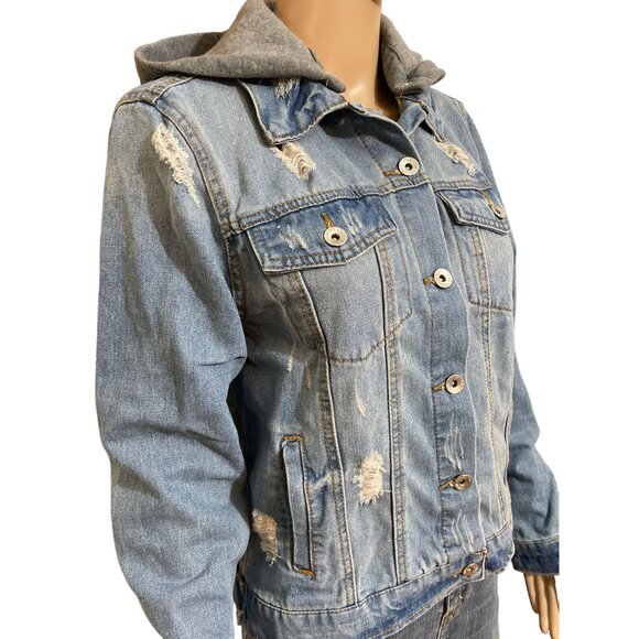 Cavalini Distressed Jeans Jacket with Hoodie Size Small - Picture 2 of 3